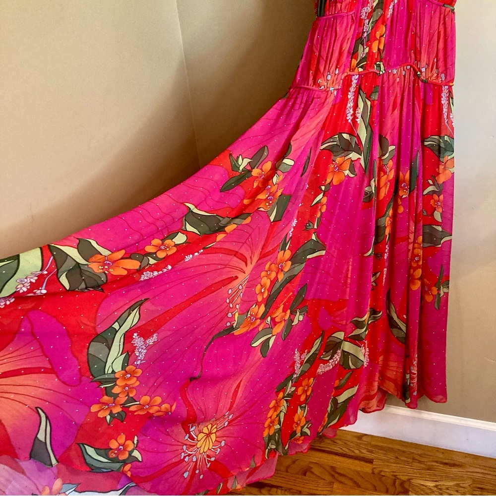 NEW FARM Rio Red Pietra Floral Sleeveless Maxi Dress Chiffon Rhinestones Size XL - Picture 7 of 16